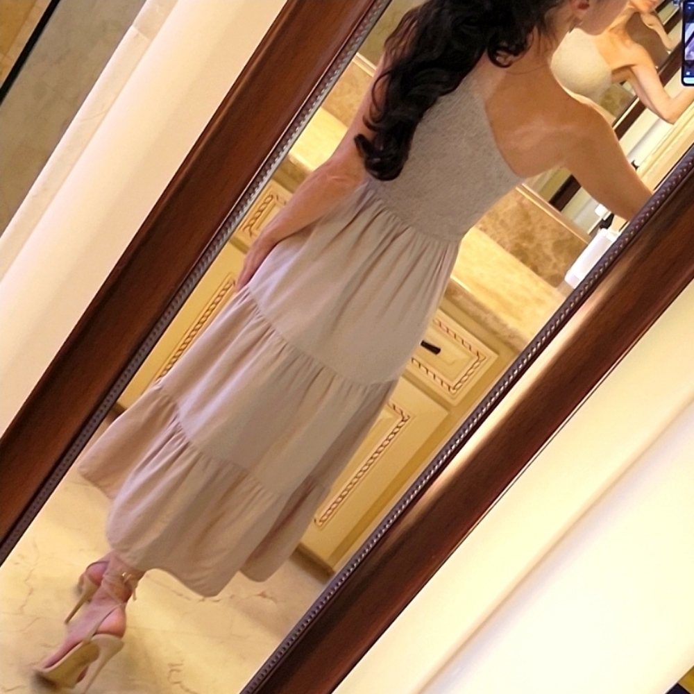 BTFBM Taupe One-shoulder Ruched Top & Flowy Tiered Bottom Summer Dress, S - Picture 13 of 14